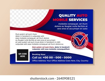 Quality auto car mobile services poster template with photo space on horizontal layout background. blue and red gradient colors element with white color background.
