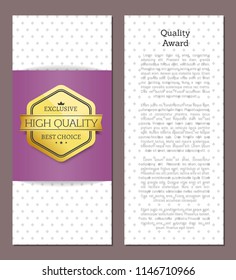 Quality award golden label with ribbon for headline. Guaranteed best offer ever. Super Clearance of royal properties posters set vector illustration