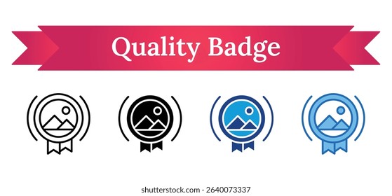 Quality Badge Multi Style - Circular badge with landscape scene indicating quality approval, certification, or recognition