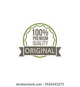 Quality badge for organic food. Design of green label, symbol, stamp or sticker for quality premium original product. Vector illustration