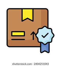 Quality badge with parcel box showing concept icon of quality control, parcel quality, package warranty