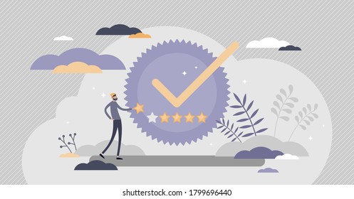 Quality Badge With Premium Product Certificate Guarantee Tiny Person Concept. Best Symbol For Awarded Services Or Goods Vector Illustration. High Performance Rating With Stars As Satisfaction Approval