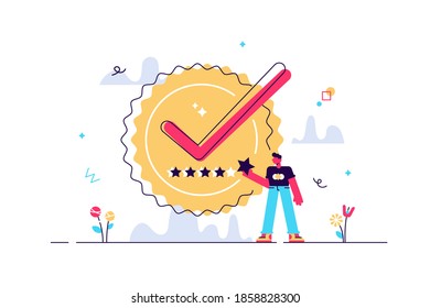 Quality Badge With Premium Product Certificate Guarantee Tiny Person Concept. Best Symbol For Awarded Services Or Goods Vector Illustration. High Performance Rating With Stars As Satisfaction Approval