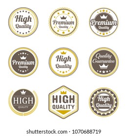 Quality badge vector collection. Minimalist style, white, brown and gold color.
