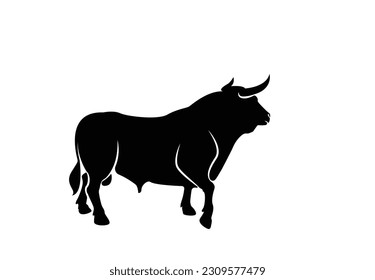 Silueta vectorial blanca y negra de calidad de un toro de pie y listo para cargar y luchar.