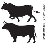 Quality black and white vector silhouettes of two bulls standing and ready to charge 