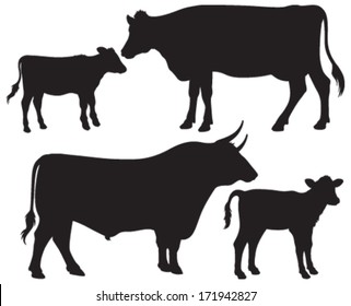 Quality black and white vector silhouettes of a bull, a cow and two calves