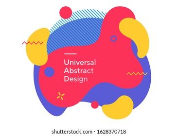 Quality bright irregular blots. Universal colorful shapes, straight lines. Purple and red background with yellow blobs and white text. Layout for ad flyer, web page or poster. Vector illustration.