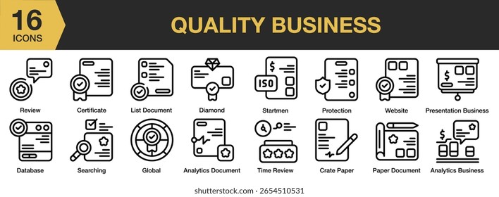 Conjunto de ícones Quality Business. Inclui qualidade, negócios, sucesso, estratégia, gerenciamento e muito mais. Contornar coleção de vetores de ícones.