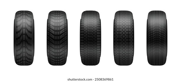 Quality car tires of rubber. Vector isolated set of realistic vehicle tyres, front view of assortment of options in shop. Summer or winter seasonal change for automobile. Automotive accessories