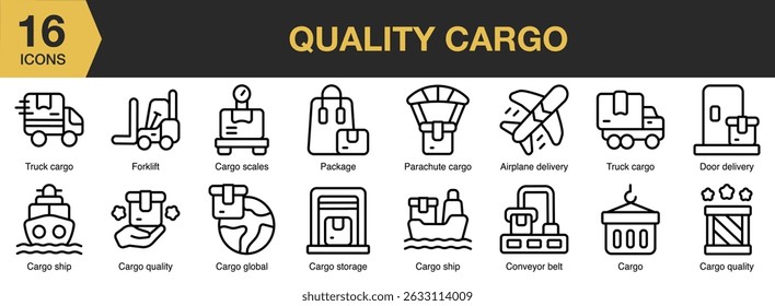 Quality Cargo icon set. Includes cargo, delivery, shipping, logistics, logistic, package, and More. Outline icons vector collection.