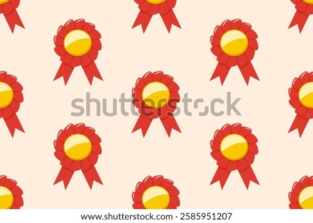 Quality certificate badge, medal, winner award. Seamless pattern with icons of school or university graduation badge, gold medal with red ribbon, vector illustration