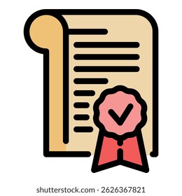Ícone do certificado de qualidade. Cor plana do ícone do vetor do certificado de qualidade do contorno isolado