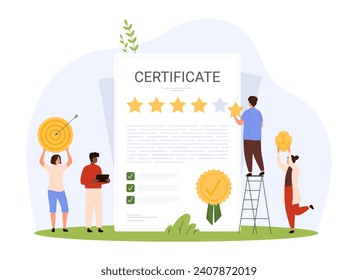 Quality certificate, online feedback from customers. Tiny people holding gold prize for first place, target with arrow and star to evaluate premium product or service cartoon vector illustration