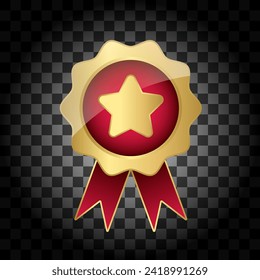 Quality certificate symbol with gold star and red ribbon. Award medal. Badge warranty icon. Vector illustration isolated on transparent background.