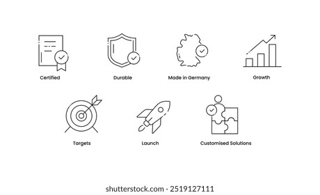 Quality Certification Graphic. Growth and Target. Launch and Customization Solutions. Trusted Business. Certification, Durability, and Growth Symbols. Custom Solutions for Success.