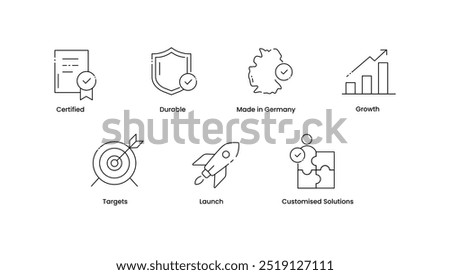 Quality Certification Graphic. Growth and Target. Launch and Customization Solutions. Trusted Business. Certification, Durability, and Growth Symbols. Custom Solutions for Success.