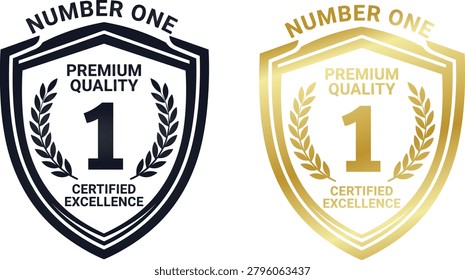 Quality certification icon. Award and branding related line icons: number one premium quality shield, excellence badge, trusted certification seal, product guarantee emblem, business recognition mark, marketing and commercial concept. Editable vector template. Vector illustration.
