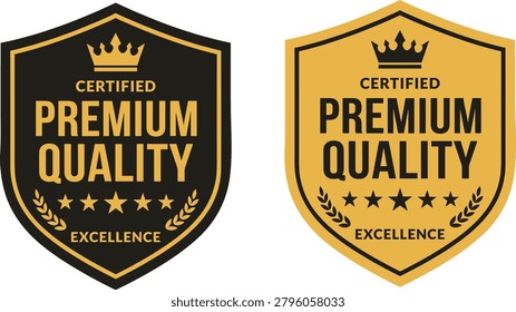 Quality certification icon. Product branding related line icons: premium quality shield, excellence badge, trusted certification seal, product assurance mark, luxury branding emblem, verification label and commercial concept. Editable vector template. Vector illustration.