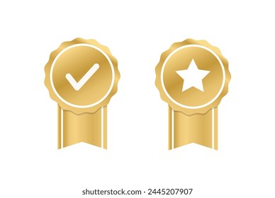 Quality certified badge. Golden seal with ribbon. Checkmark icon. Awards and premium quality. Vector illustration