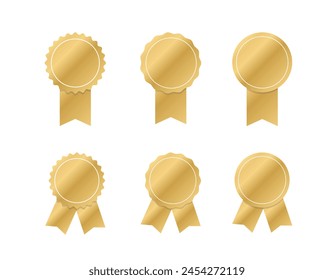 Quality certified badge. Golden seal with ribbon. Blank gold medal. Awards and premium quality. Vector illustration