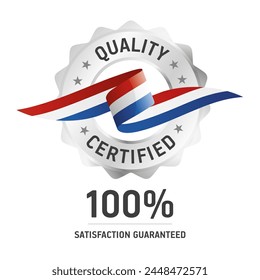 Quality Certified. Red white blue quality seal stamp logo icon with ribbon and circle silver ring. Quality Certified sign label vector isolated on white background