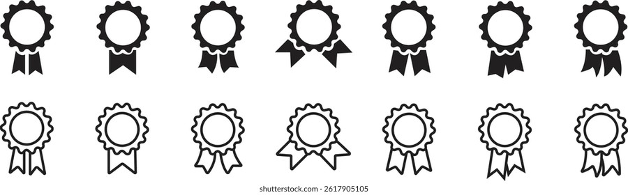Quality certify badge icons set. Ribbon, banners vectors. Premium quality and guarantee flat, outline designs isolated on transparent background. Qualification certificate medal. Quality award signs.