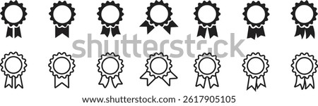 Quality certify badge icons set. Ribbon, banners vectors. Premium quality and guarantee flat, outline designs isolated on transparent background. Qualification certificate medal. Quality award signs.