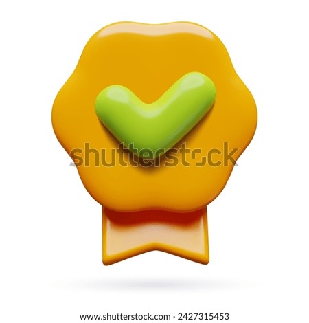 Quality check badge 3d icon. Yellow warranty stamp with green check mark and award ribbon three dimensional vector illustration. Approved or certified sign on white background.