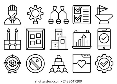 Quality Check, Inspection, Evaluation, Production, Improvement and More. editable stroke outline icons set. vector illustration.