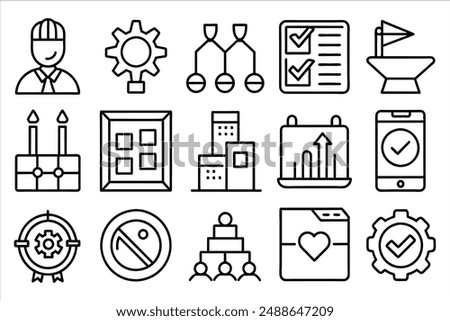 Quality Check, Inspection, Evaluation, Production, Improvement and More. editable stroke outline icons set. vector illustration.