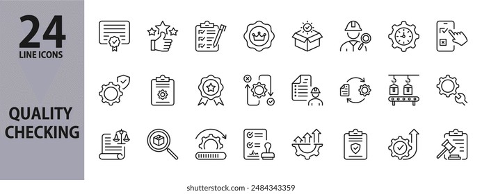 Quality Check line icons set with Patent, Certificate, Control, Inspection, Progress, Award, Setting, Instruction, Selection, Specification, Approve and more. Editable Stroke