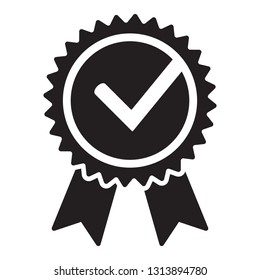 Quality check ribbon icon. Vector product certified or best choice recommended award and warranty check approved certificate mark label