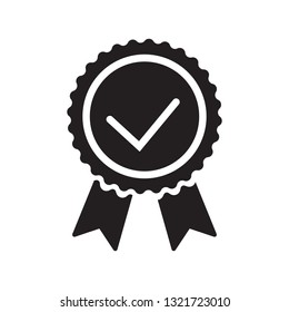 Quality check ribbon icon. Vector product certified or best choice recommended award and warranty check approved certificate mark label
