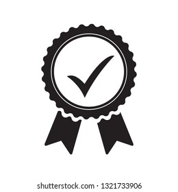 Quality check ribbon icon. Vector product certified or best choice recommended award and warranty check approved certificate mark label