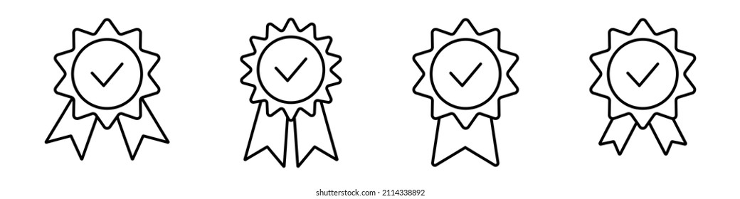 Quality check ribbon icon. Vector product certified or best choice recommended award and warranty check approved certificate mark label.
