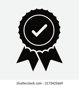 Quality check ribbon icon. Vector product certified or best choice recommended award and warranty check approved certificate mark label