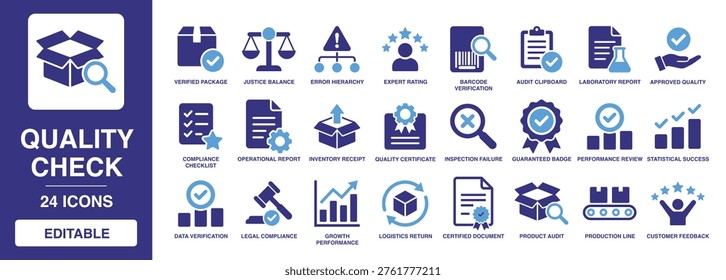 Quality Check solid vector glyph icon set featuring verified package, compliance checklist, quality certificate, product audit, data verification, audit clipboard, and performance review.