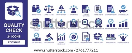 Quality Check solid vector glyph icon set featuring verified package, compliance checklist, quality certificate, product audit, data verification, audit clipboard, and performance review.