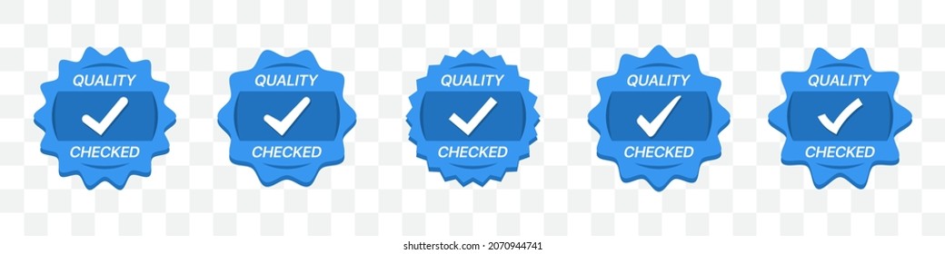 Quality checked badges label in blue with tick. Guarantee medal collection