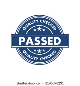 QUALITY CHECKED Passed Signed Stamping Text . Blue Ink on Clean White Paper Surface Background