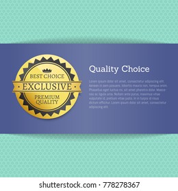 Quality choice high award best stamp golden label reward award vector illustration in blue and gold colors with text isolated on striped blue background