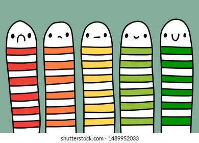 Quality choosing very bad normal good perfect hand drawn vector illustration in cartoon style worms with stripes