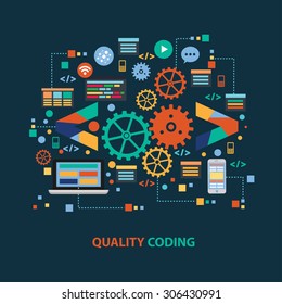 Quality coding concept design on dark background,clean vector