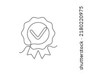 Quality and compliance, award to winner, continuous one art line drawing. Assurance sign, premium level, product warranty. Rosette ribbon with tick. Vector outline illustration