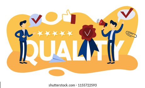 Quality concept. Idea of satisfied customer review on product. High rating and five stars. Isolated flat vector illustration