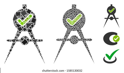 Quality confirmation icon mosaic of ragged pieces in variable sizes and color tints, based on quality confirmation icon. Vector unequal pieces are united into mosaic.