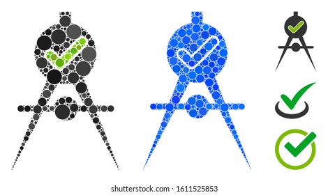 Quality confirmation mosaic of spheric dots in different sizes and color tones, based on quality confirmation icon. Vector round dots are grouped into blue mosaic.