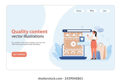 Contenido de calidad para el compromiso del consumidor. Ilustración de un creador de contenido que selecciona contenido digital de alta calidad, crucial para la satisfacción y el compromiso del cliente.