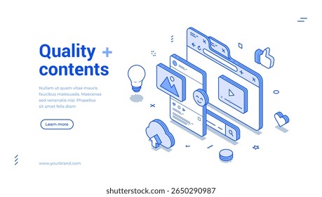 Conteúdo de qualidade internet marketing digital outline isométrica web banner design template vetor ilustração. Comercial de negócios on-line publicidade ideia criativa interações no auditório página inicial